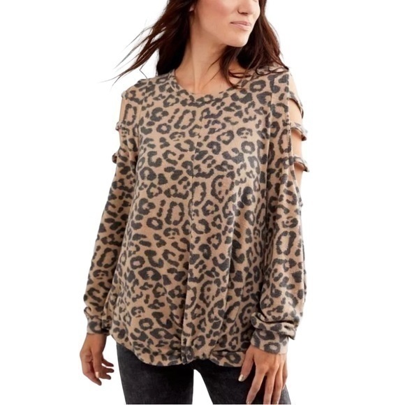 Daytrip Buckle Top Tan Gray Leopard Print Fleece Cold Shoulder Knot Waist Size S - Picture 1 of 16
